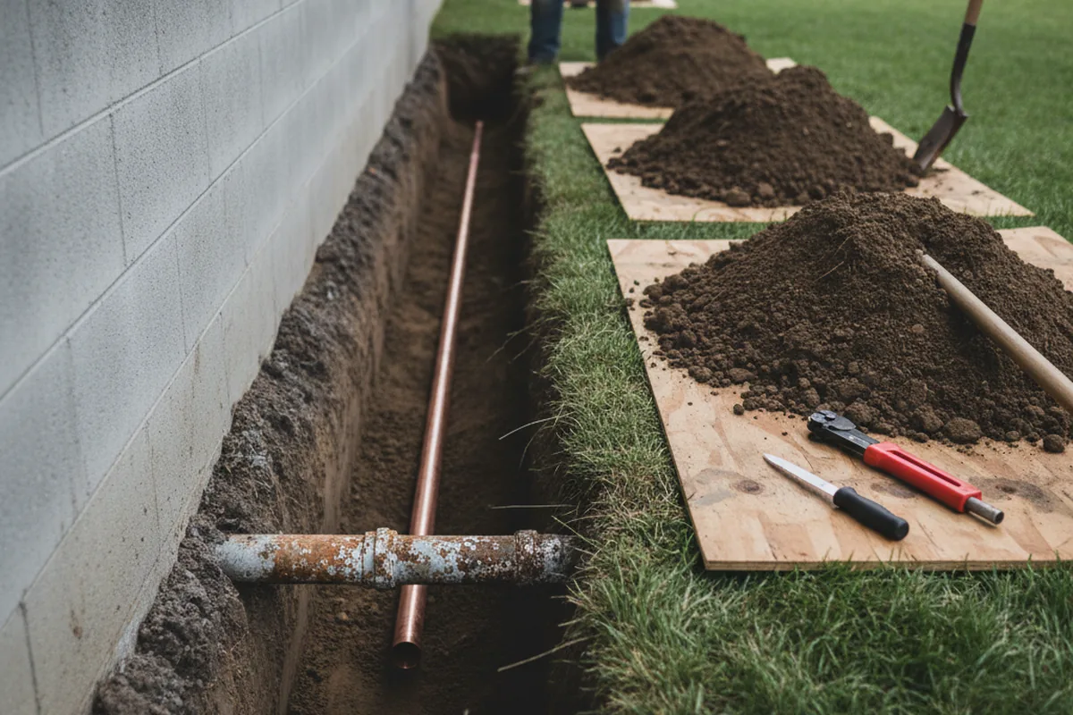 Excavated water line trench during Water Softener Installation in Indianola
